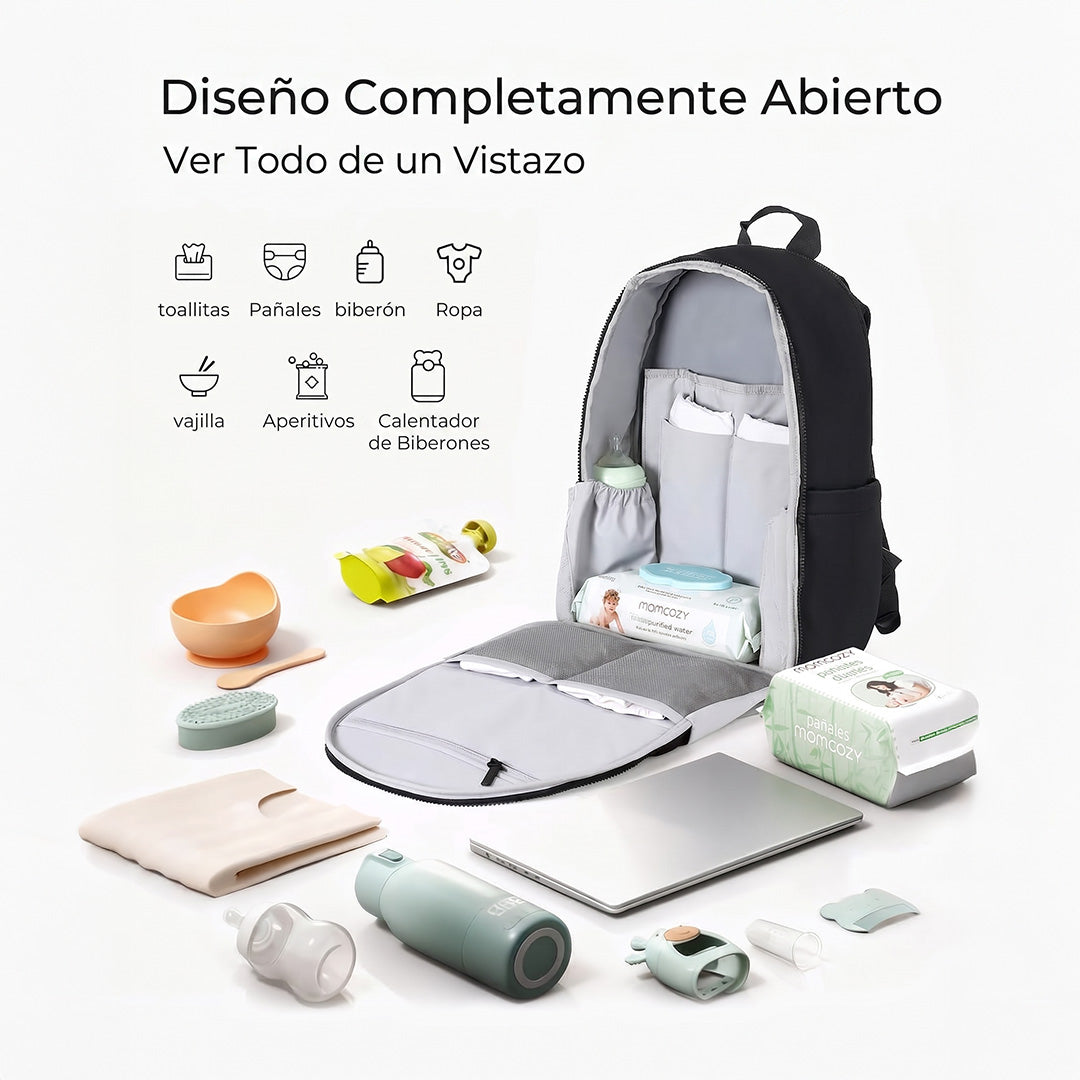 Mochila pañalera Urban abierta de par en par