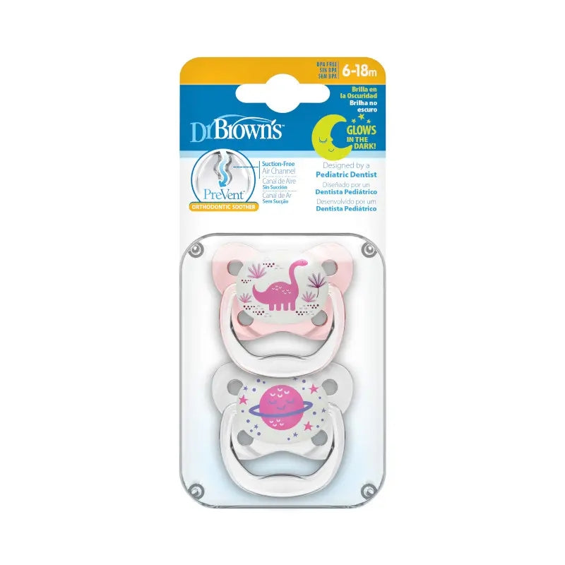 Chupete Prevent Noche Mariposa 6-12M 2UN Rosado