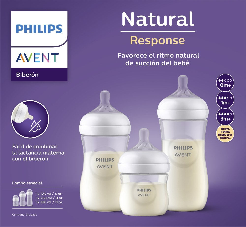 Set 3 mamaderas Natural response 125 ml, 260 ml, 330 ml