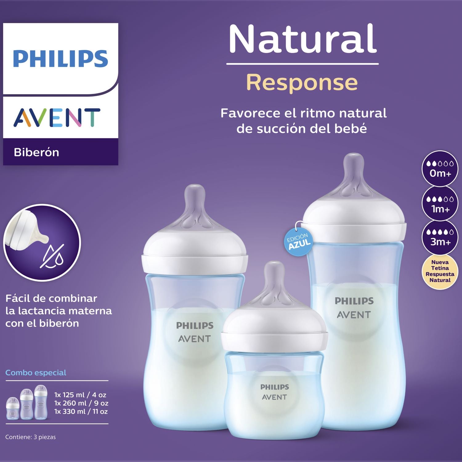 Set 3 mamaderas Natural response 125 ml, 260 ml, 330 ml